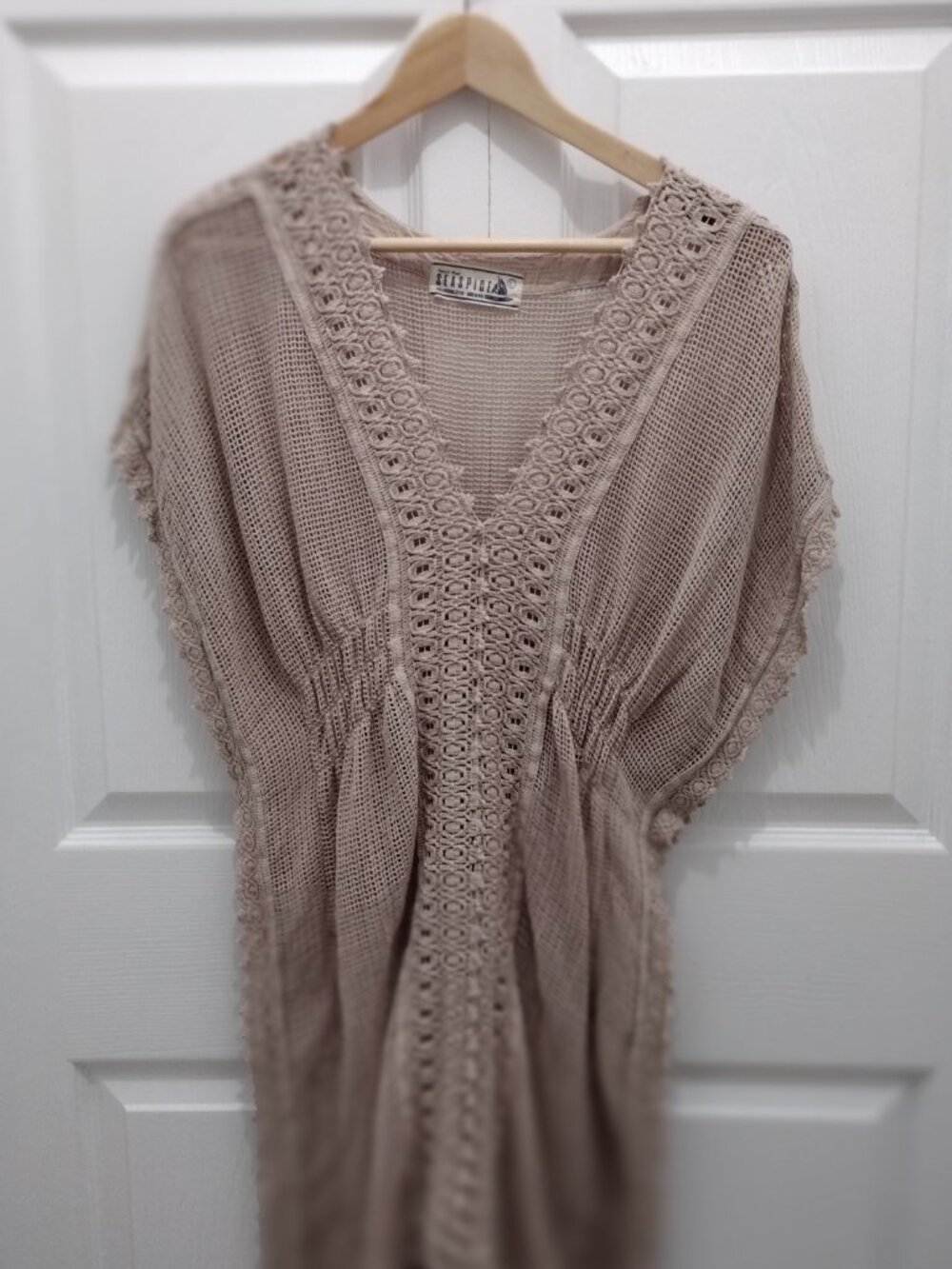 Seaspice Resort Wear Crochet Knit Cover Up Dress Caftan Large Beige Boho Coastal - Picture 4 of 8